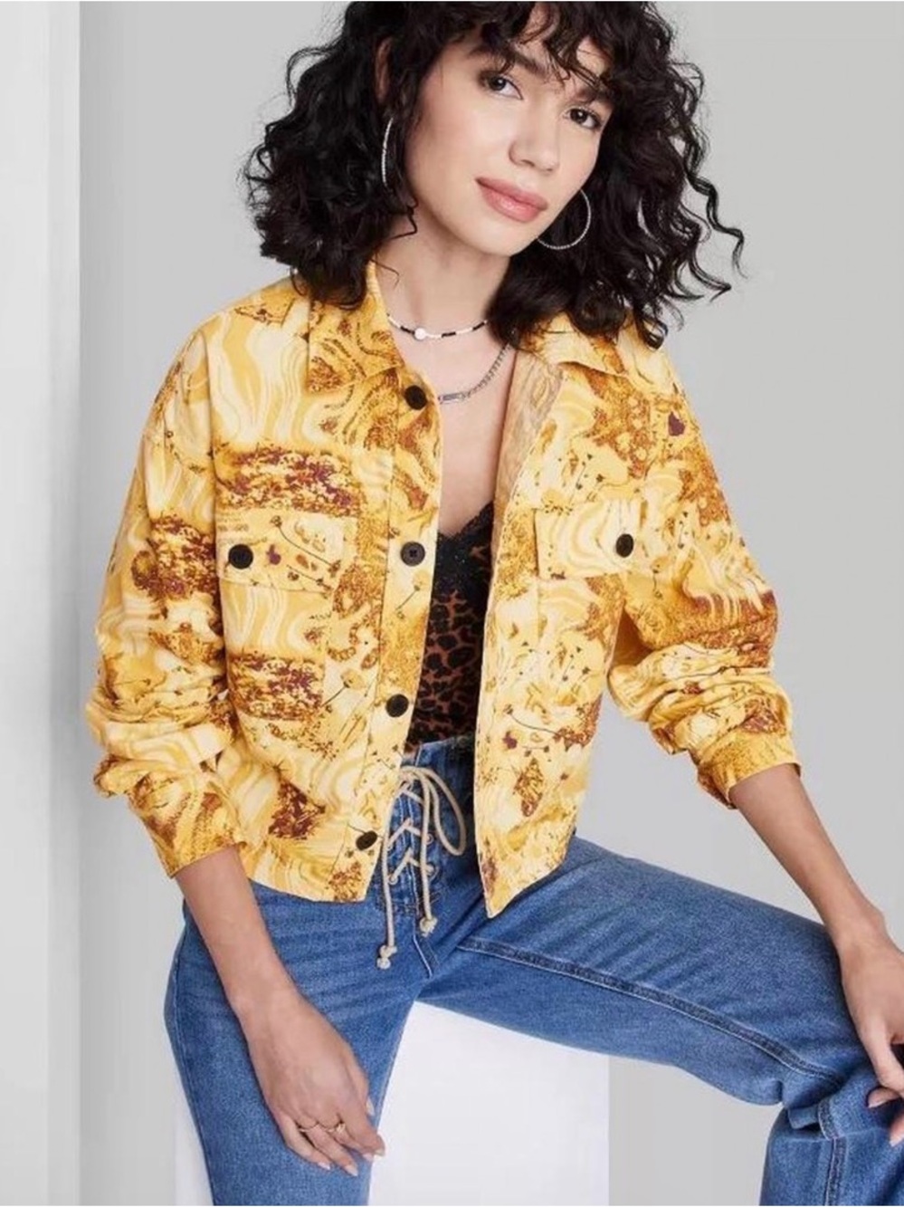 Wild Fable Floral Camo Oversized Cropped Button-Front Jacket-Yellow